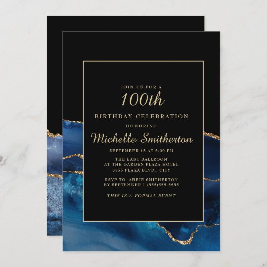Elegant Navy Blue Gold Agate Marble 100th Birthday Kaart (Voorkant / Achterkant)