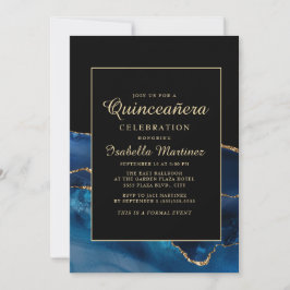 Elegant Navy Blue Gold Agate Marble Quinceañera Kaart