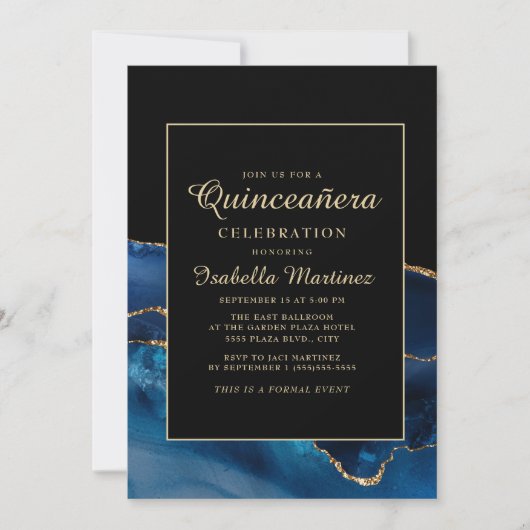 Elegant Navy Blue Gold Agate Marble Quinceañera Kaart (Voorkant)