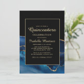 Elegant Navy Blue Gold Agate Marble Quinceañera Kaart (Staand voorkant)