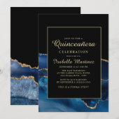Elegant Navy Blue Gold Agate Marble Quinceañera Kaart (Voorkant / Achterkant)