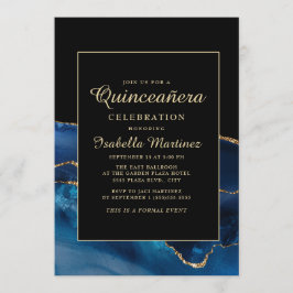 Elegant Navy Blue Gold Agate Marble Quinceañera Kaart