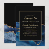 Elegant Navy Blue Gold Agate Marble Sweet 16 Kaart (Voorkant / Achterkant)