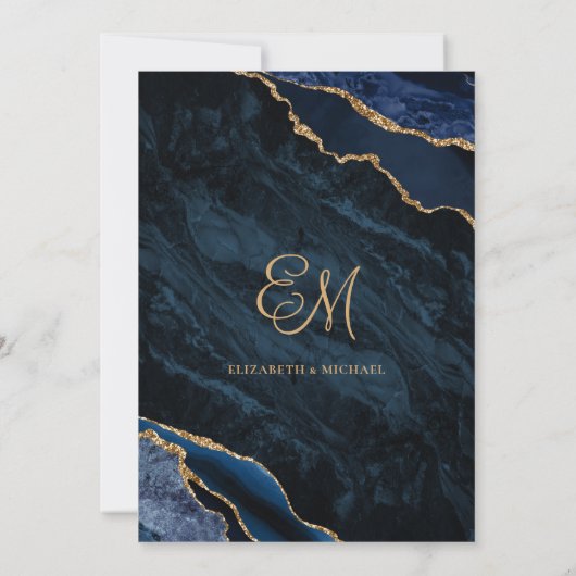Elegant Navy Blue Gold Agate Monogram Weddenschap Kaart (Achterkant)