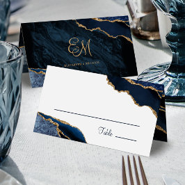 Elegant Navy Blue Gold Agate Monogram Weddenschap Plaatskaartje