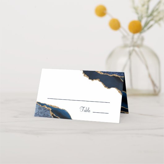Elegant Navy Blue Gold Agate Monogram Weddenschap Plaatskaartje (Voorkant)