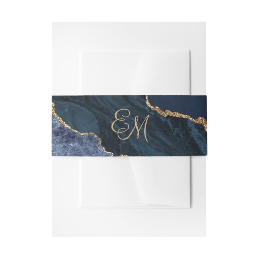 Elegant Navy Blue Gold Agate Monogram Weddenschap Uitnodigingen Wikkel (Voorkant Voorbeeld)