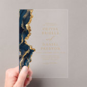 Elegant Navy Blue Gold Agate Wedding Acryl Uitnodigingen (Insitu (Draagbaar))