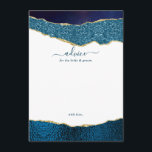 Elegant Navy Blue & Gold Agate Wedding Advieskaart<br><div class="desc">Viel in stijl met deze moderne en trendy advieskaarten. Het ontwerp kenmerkt een blauw van de marine van de waterverf en goudglitter agate achtergrond met de overeenkomstige handgeschreven tekst van de manuscriptdoopvont. Deze kaarten zullen uw gasten toestaan om een nota van raad te schrijven voor u om over jaren te...</div>