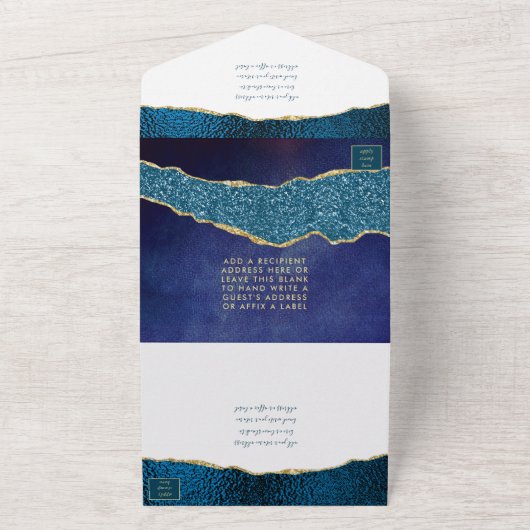 Elegant Navy Blue & Gold Agate Wedding All In One Uitnodiging (Buitenkant)