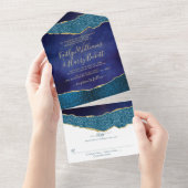 Elegant Navy Blue & Gold Agate Wedding All In One Uitnodiging (Afscheurbaar)