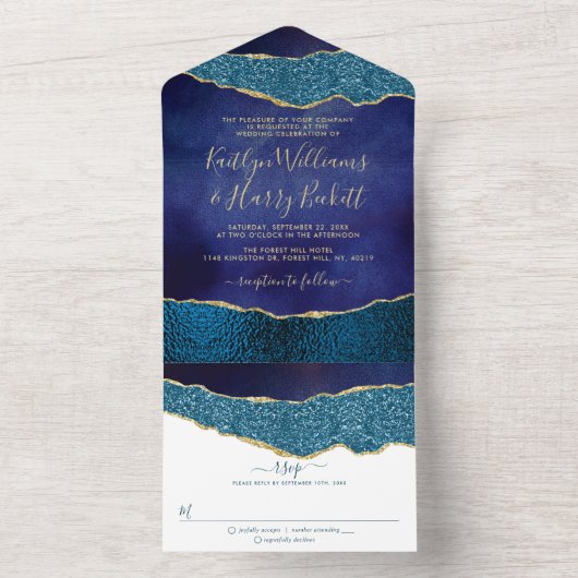 Elegant Navy Blue & Gold Agate Wedding All In One Uitnodiging (Binnen)