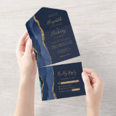 Elegant Navy Blue Gold Agate Wedding All In One Uitnodiging (Afscheurbaar)