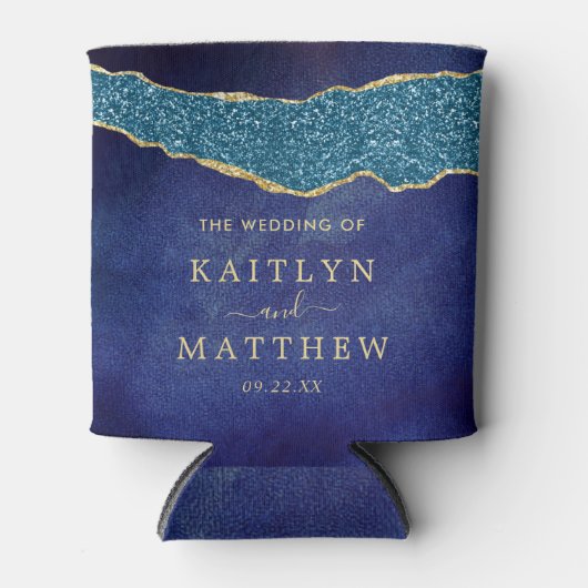 Elegant Navy Blue & Gold Agate Wedding Blikjeskoeler (Voorkant)