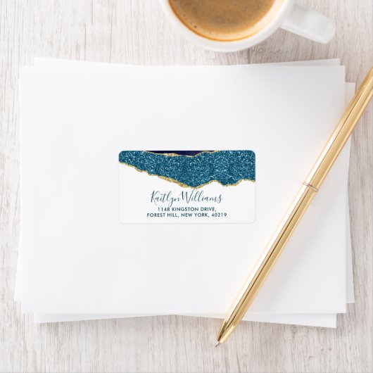 Elegant Navy Blue & Gold Agate Wedding Etiket (Insitu)