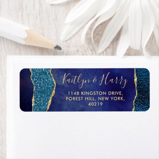 Elegant Navy Blue & Gold Agate Wedding Etiket (Insitu)