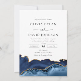 Elegant Navy Blue Gold Agate Wedding Invitation Kaart