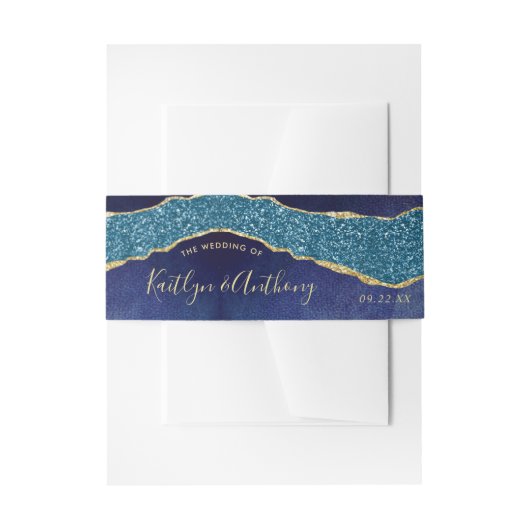 Elegant Navy Blue & Gold Agate Wedding Invitation Uitnodigingen Wikkel (Voorkant Voorbeeld)