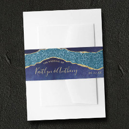 Elegant Navy Blue & Gold Agate Wedding Invitation Uitnodigingen Wikkel