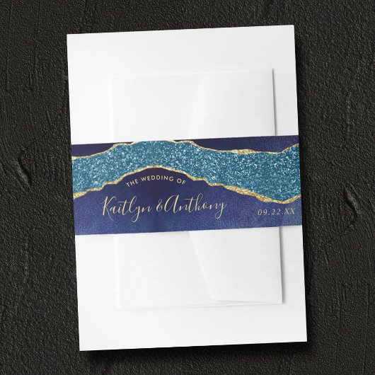 Elegant Navy Blue & Gold Agate Wedding Invitation Uitnodigingen Wikkel