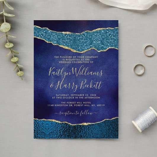 Elegant Navy Blue & Gold Agate Wedding Kaart