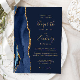 Elegant Navy Blue Gold Agate Wedding Kaart