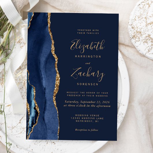 Elegant Navy Blue Gold Agate Wedding Kaart