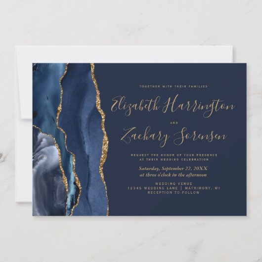 Elegant Navy Blue Gold Agate Wedding Kaart (Voorkant)