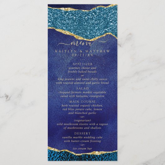 Elegant Navy Blue & Gold Agate Wedding Menu (Voorkant)