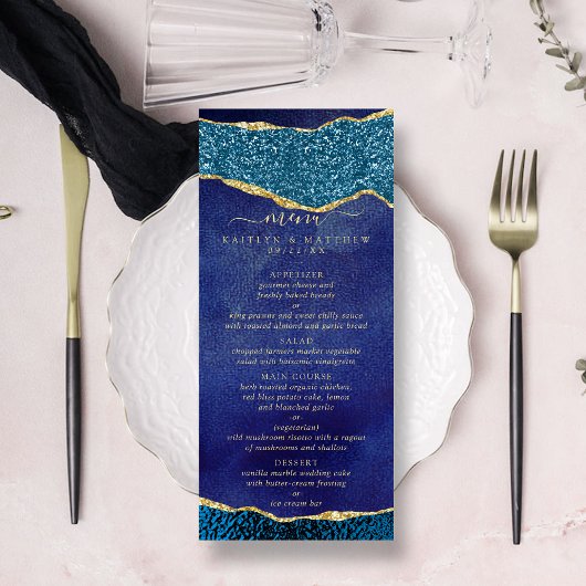 Elegant Navy Blue & Gold Agate Wedding Menu