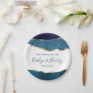Elegant Navy Blue & Gold Agate Wedding Papieren Bordje