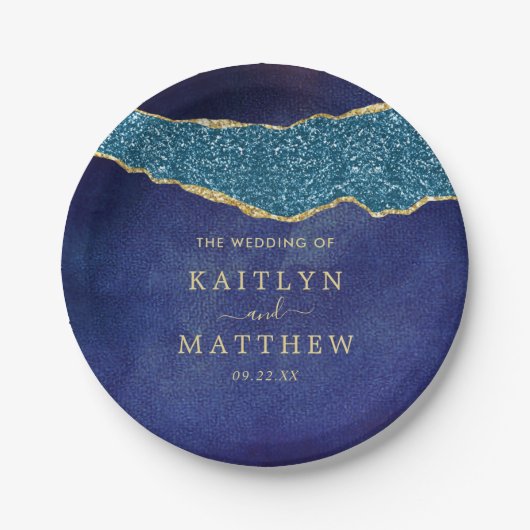 Elegant Navy Blue & Gold Agate Wedding Papieren Bordje (Voorkant)