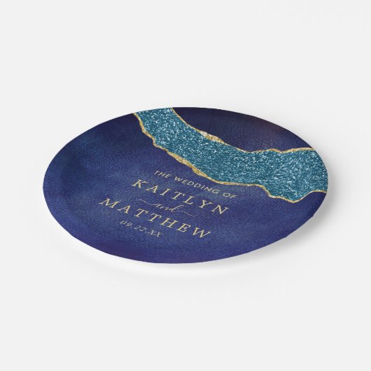 Elegant Navy Blue & Gold Agate Wedding Papieren Bordje (Gekanteld)