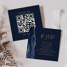 Elegant Navy Blue Gold Agate Wedding QR Code RSVP Informatiekaartje