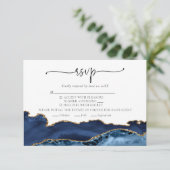 Elegant Navy Blue Gold Agate Wedding RSVP Kaart (Staand voorkant)
