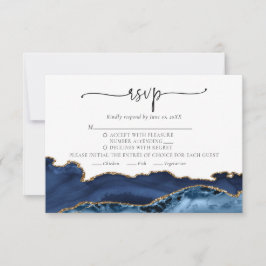 Elegant Navy Blue Gold Agate Wedding RSVP Kaart