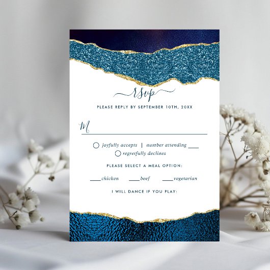 Elegant Navy Blue & Gold Agate Wedding RSVP Kaartje