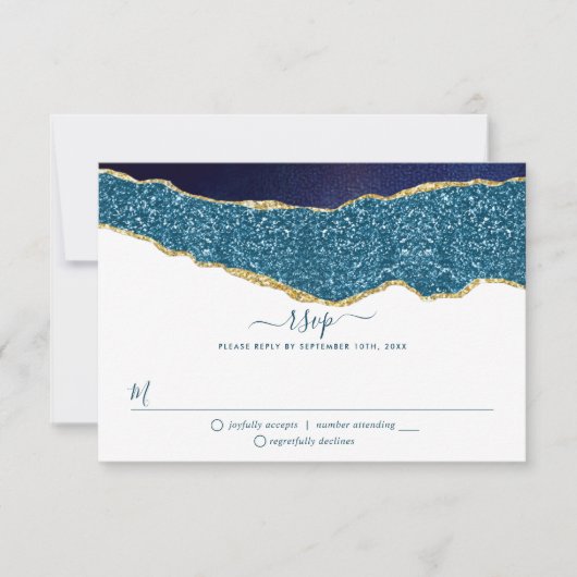 Elegant Navy Blue & Gold Agate Wedding RSVP Kaartje (Voorkant)