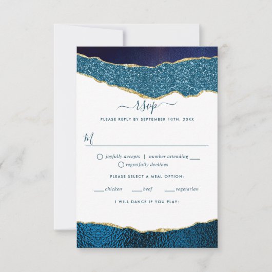 Elegant Navy Blue & Gold Agate Wedding RSVP Kaartje (Voorkant)