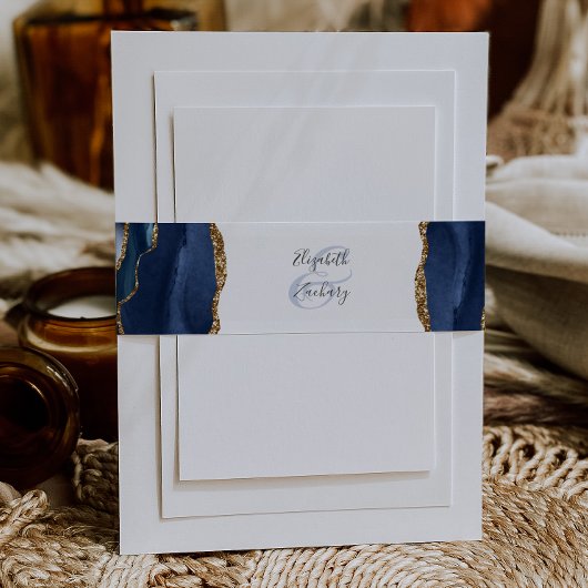 Elegant Navy Blue Gold Agate Wedding Uitnodigingen Wikkel