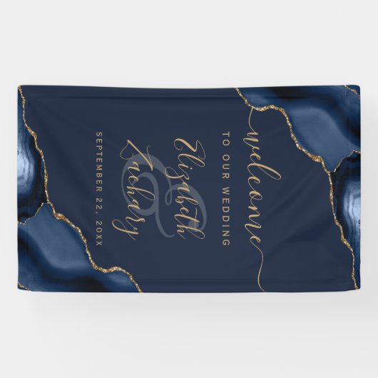 Elegant Navy Blue Gold Agate Wedding Welcome Spandoek (Horizontaal)