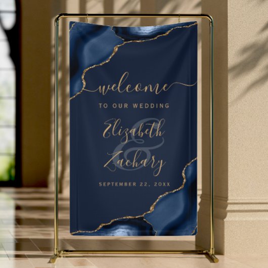 Elegant Navy Blue Gold Agate Wedding Welcome Spandoek