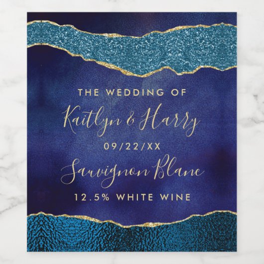 Elegant Navy Blue & Gold Agate Wedding Wijn Etiket (Enkel label)