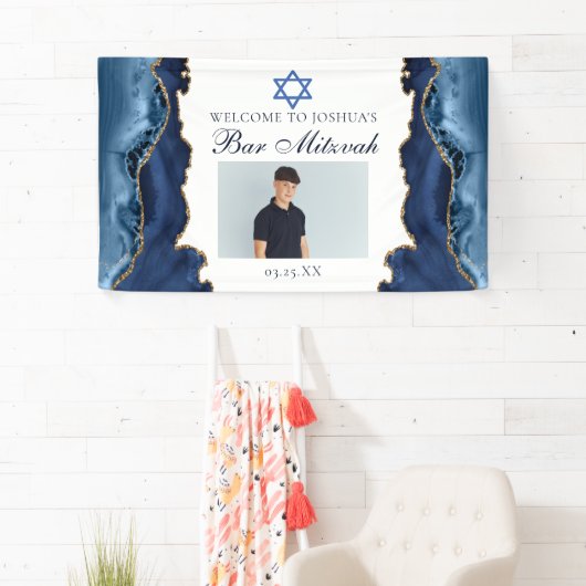 Elegant Navy Blue Gold Bar Mitzvah Party Foto Spandoek (Insitu)