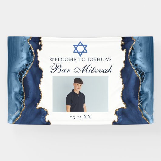 Elegant Navy Blue Gold Bar Mitzvah Party Foto Spandoek (Horizontaal)