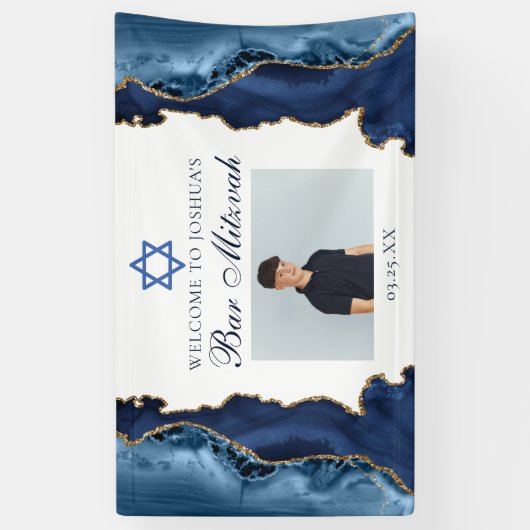 Elegant Navy Blue Gold Bar Mitzvah Party Foto Spandoek (Verticaal)