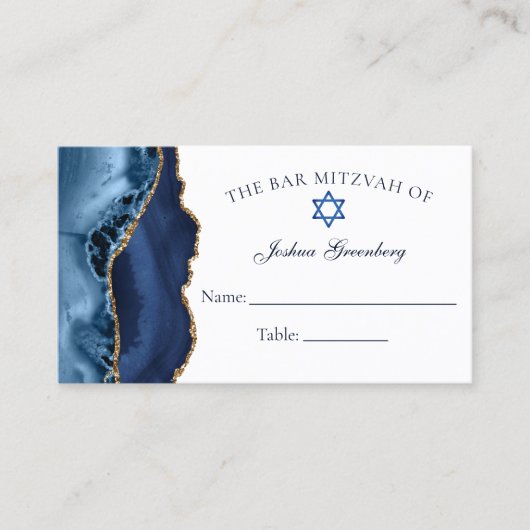 Elegant Navy Blue Gold Bar Mitzvah Place Card Visitekaartje (Voorkant)