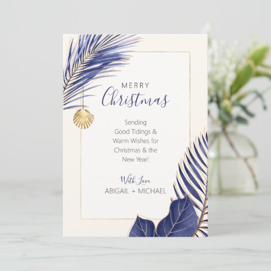 Elegant Navy Blue & Gold Beach Tropische Kerstmis Feestdagenkaart (Staand voorkant)