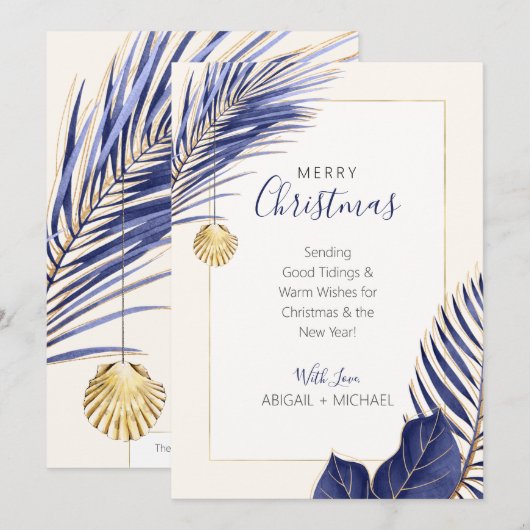 Elegant Navy Blue & Gold Beach Tropische Kerstmis Feestdagenkaart (Voorkant / Achterkant)