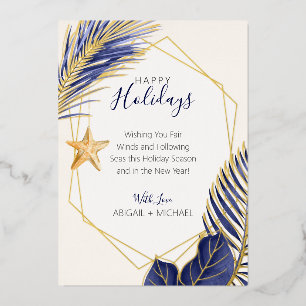 Elegant Navy Blue & Gold Beach Tropische Kerstmis Folie Feestdagenkaart